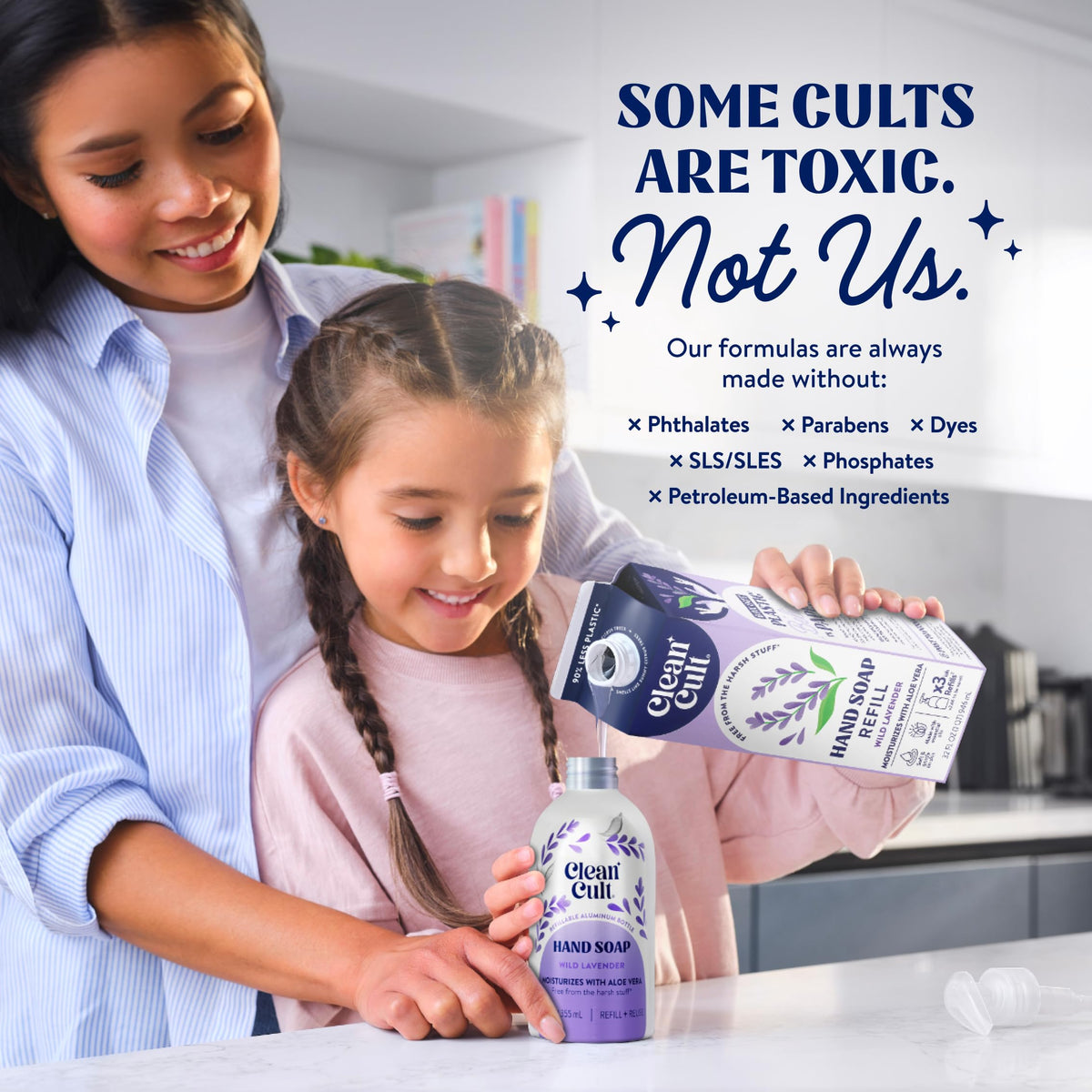 Cleancult next to common bottle to show 32 oz scale and refill value benefit