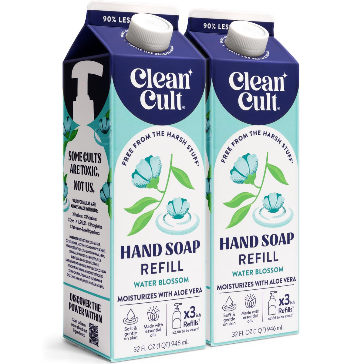 Cleancult front packaging showing Water Blossom refill and eco benefit
