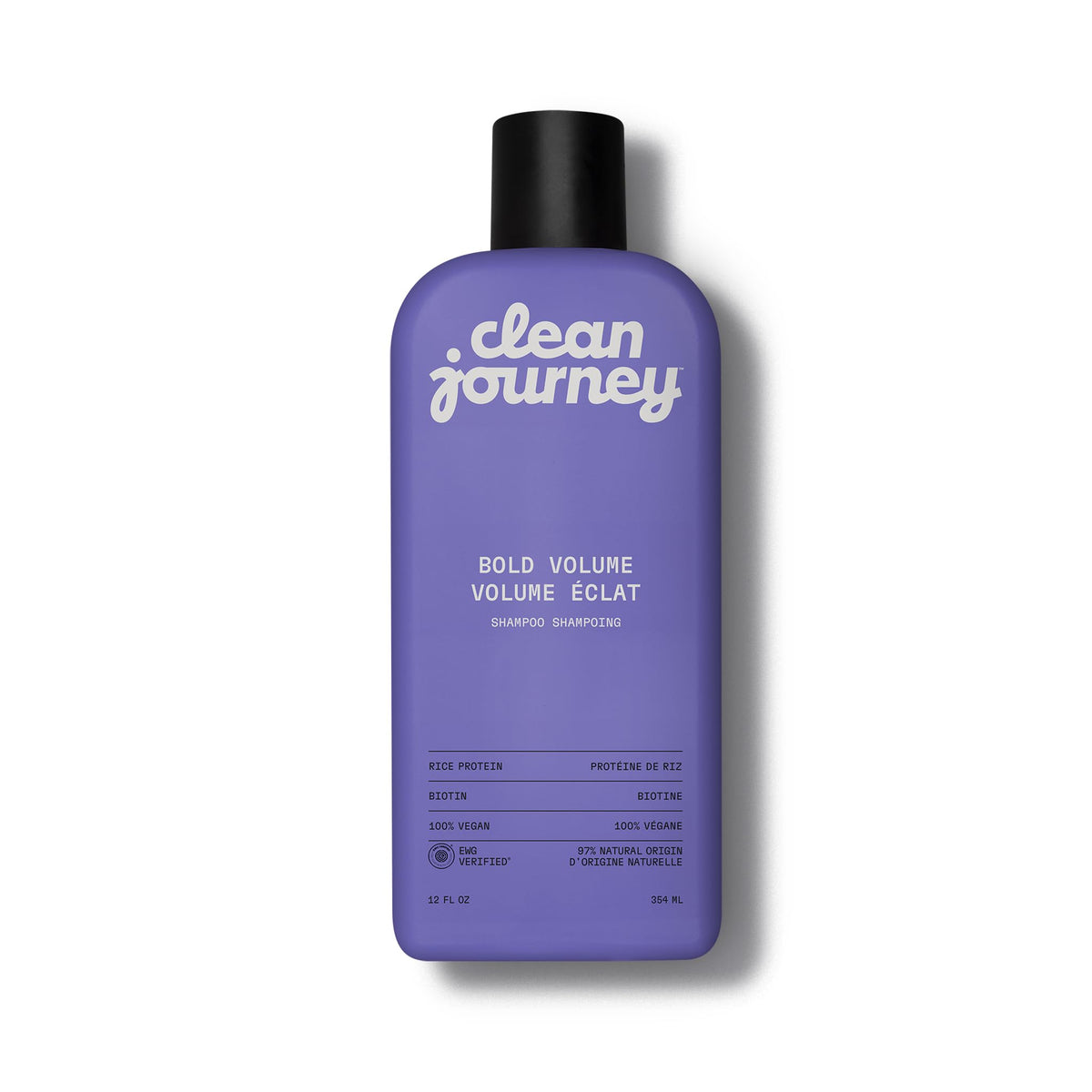 cleanjourney front bottle showing label and clean design, highlights volume benefit