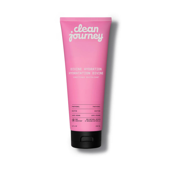 cleanjourney front packaging showing conditioner bottle and tropical label benefit: clear branding