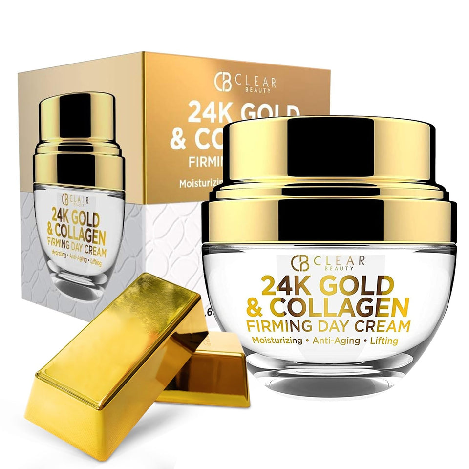 Clear Beauty front jar showing 24K Gold & Collagen for firming hydration