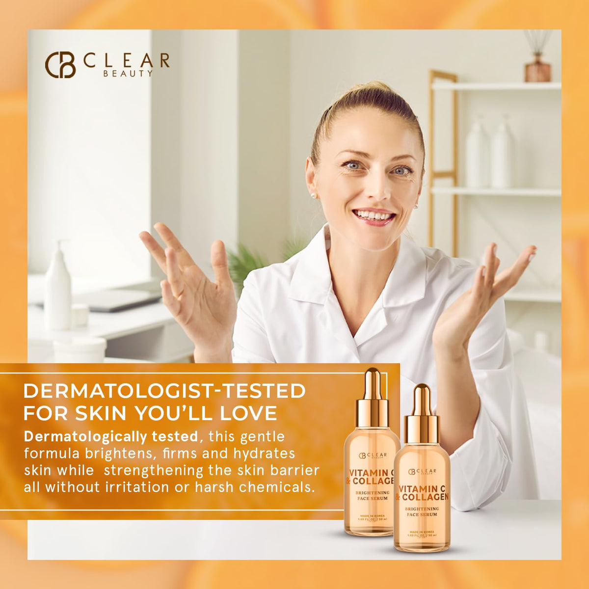 Clear Beauty ingredient visual of vitamin C and vegan collagen for firming