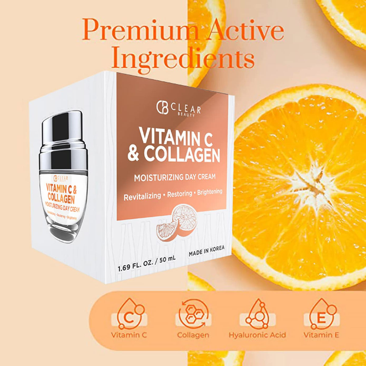 Clear Beauty ingredient visual highlighting vitamin C and collagen benefits