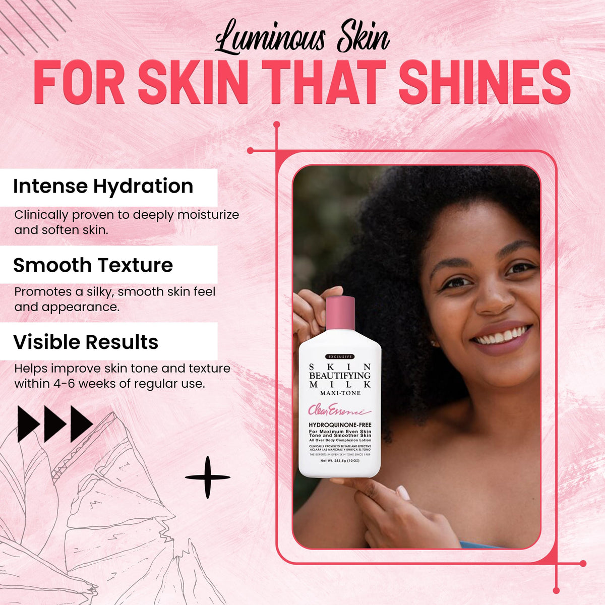 Clear Essence ingredients label visible to highlight hydroquinone-free formulation