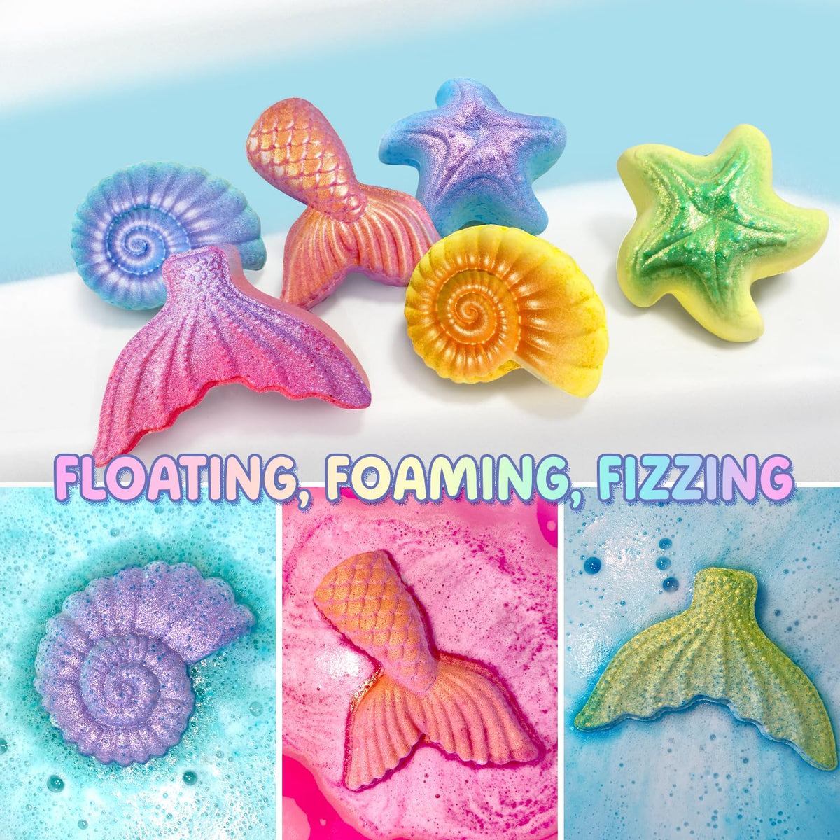 Clear and Fresh bath bomb fizzing in tub producing bubbles and calming color