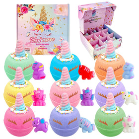 Clear and Fresh front packaging showing nine individually wrapped unicorn bath bombs and toys