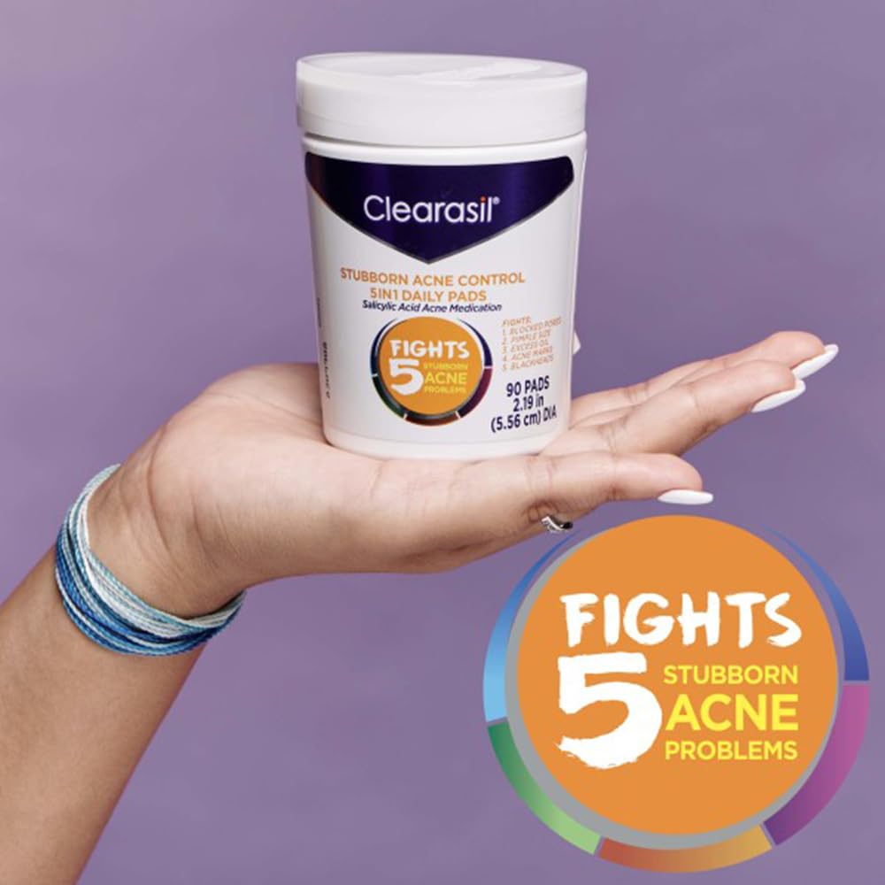 Clearasil pads arranged on bathroom shelf for daily routine convenience