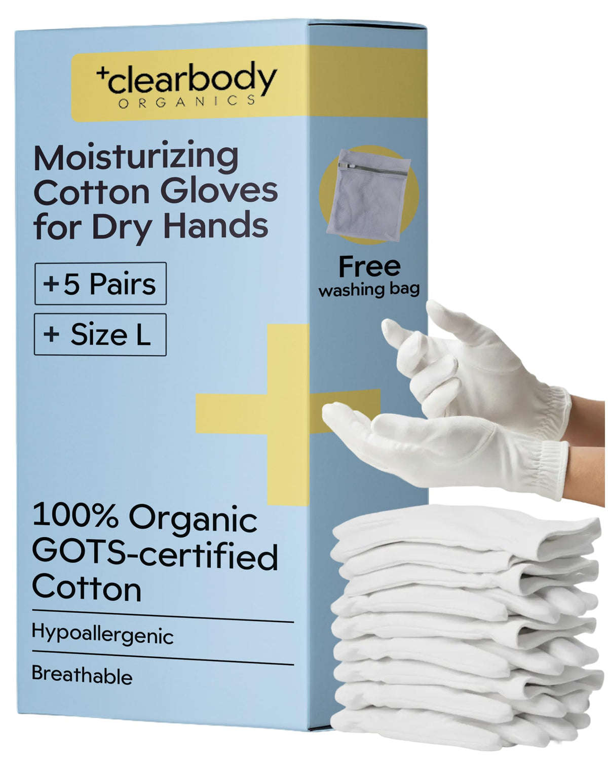 Clearbody Organics front packaging showing five reusable glove pairs and benefits