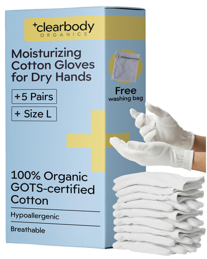 Clearbody Organics front packaging showing five reusable glove pairs and benefits