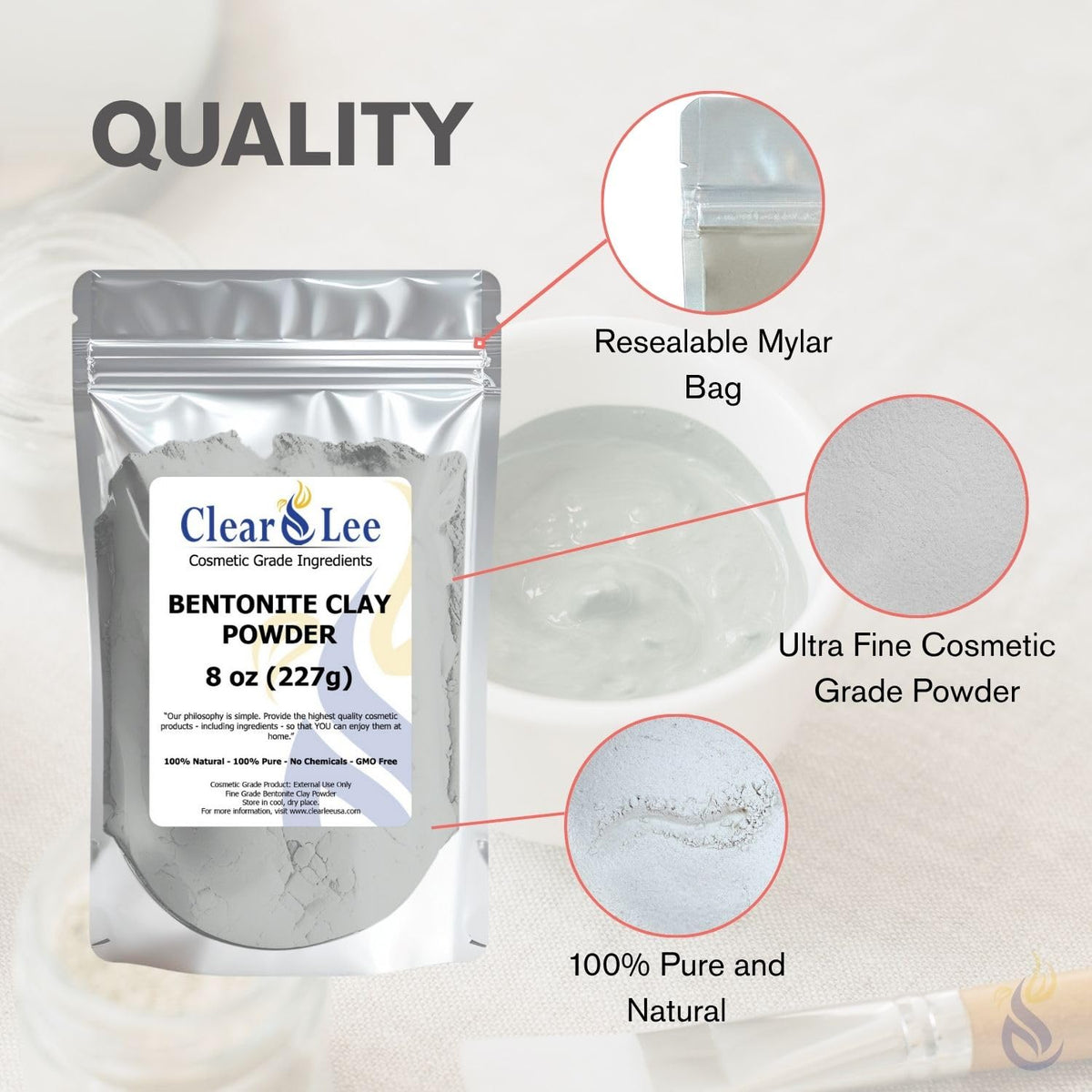 ClearLee ingredient label close-up showing pure sodium bentonite benefit