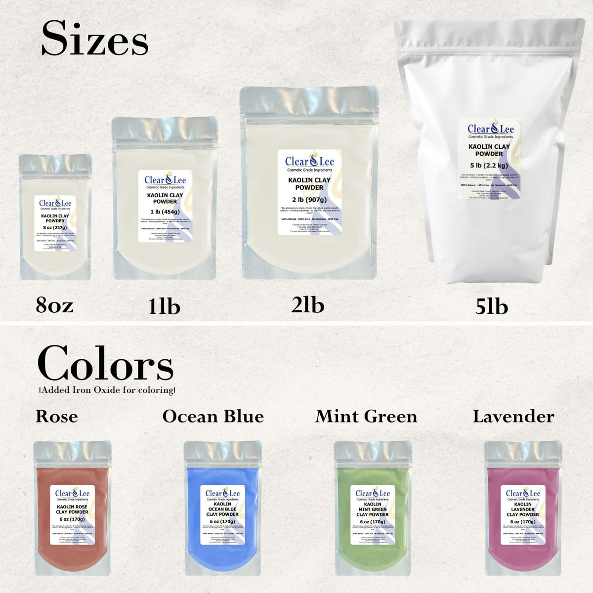 ClearLee kaolin bag beside measuring cup to show 2 lb size comparison