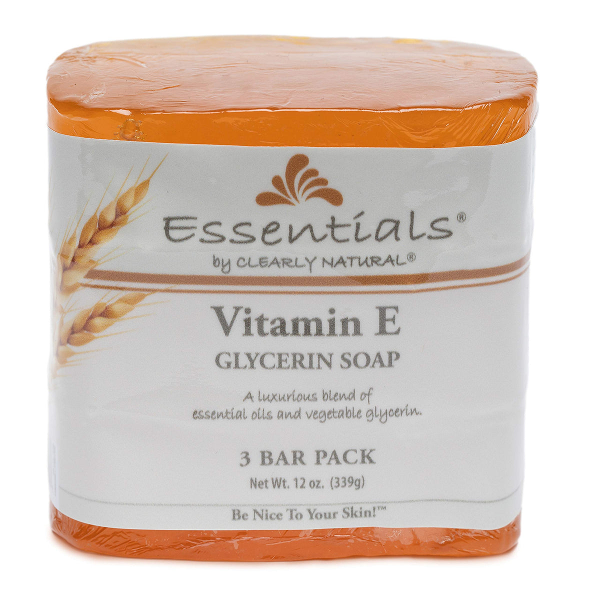 Clearly Natural bar soap front packaging showing three vitamin E glycerin bars for moisturized skin