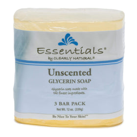 Clearly Natural front packaging showing three unscented 4-ounce glycerin bars and clear benefits