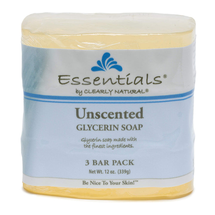 Clearly Natural front packaging showing three unscented 4-ounce glycerin bars and clear benefits