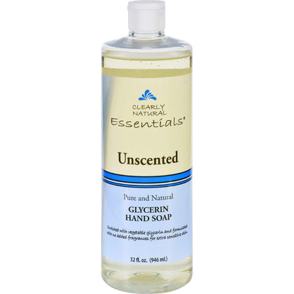 Clearly Natural front packaging showing the 32 oz unscented glycerine soap refill and gentle moisturizing benefit