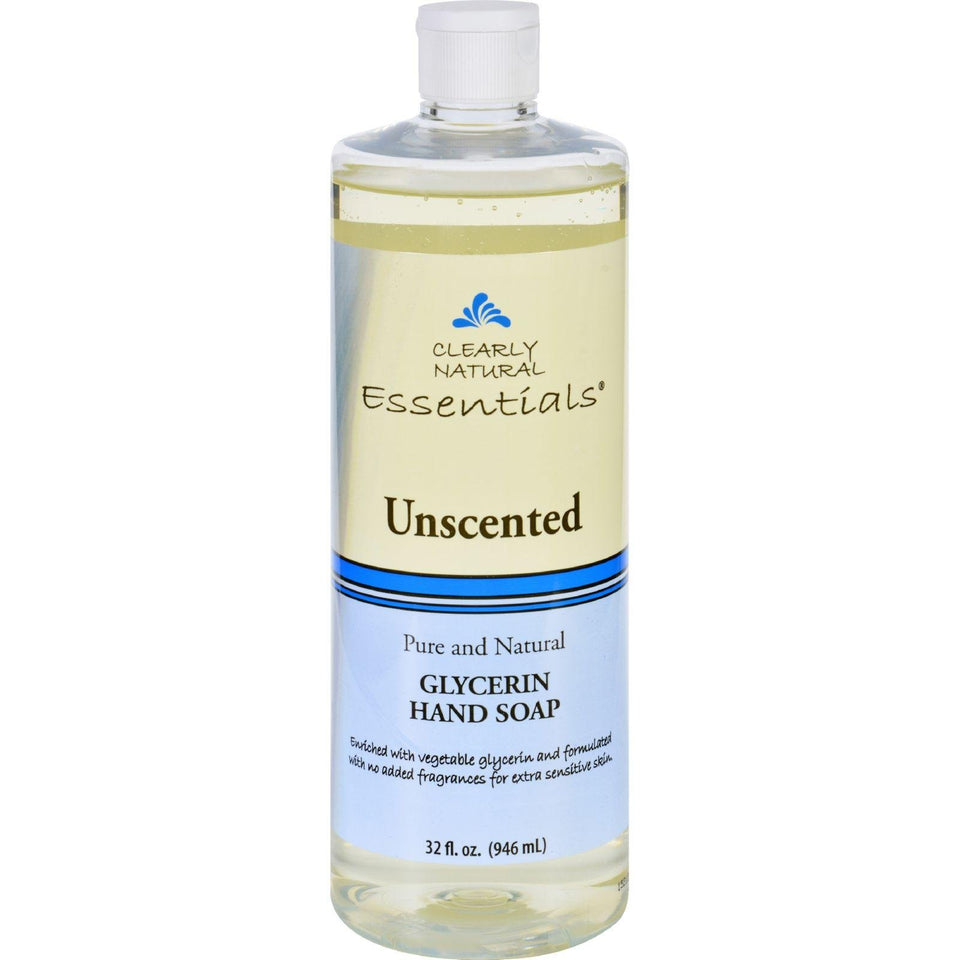 Clearly Natural front packaging showing the 32 oz unscented glycerine soap refill and gentle moisturizing benefit