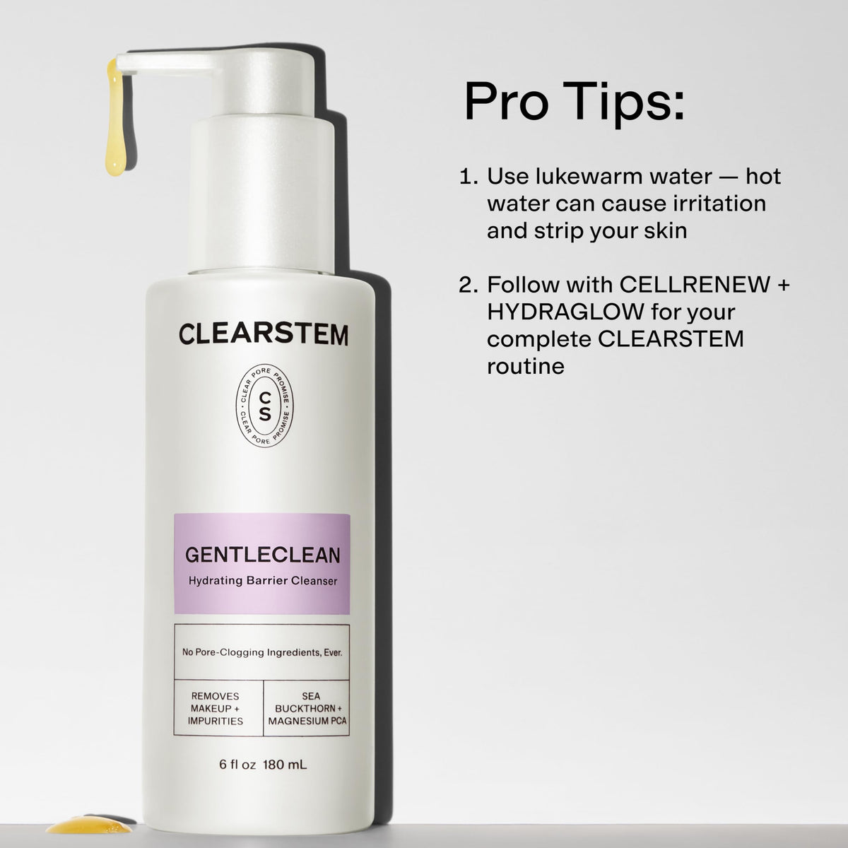 CLEARSTEM next to hand for scale showing the 6 fl oz travel-friendly size