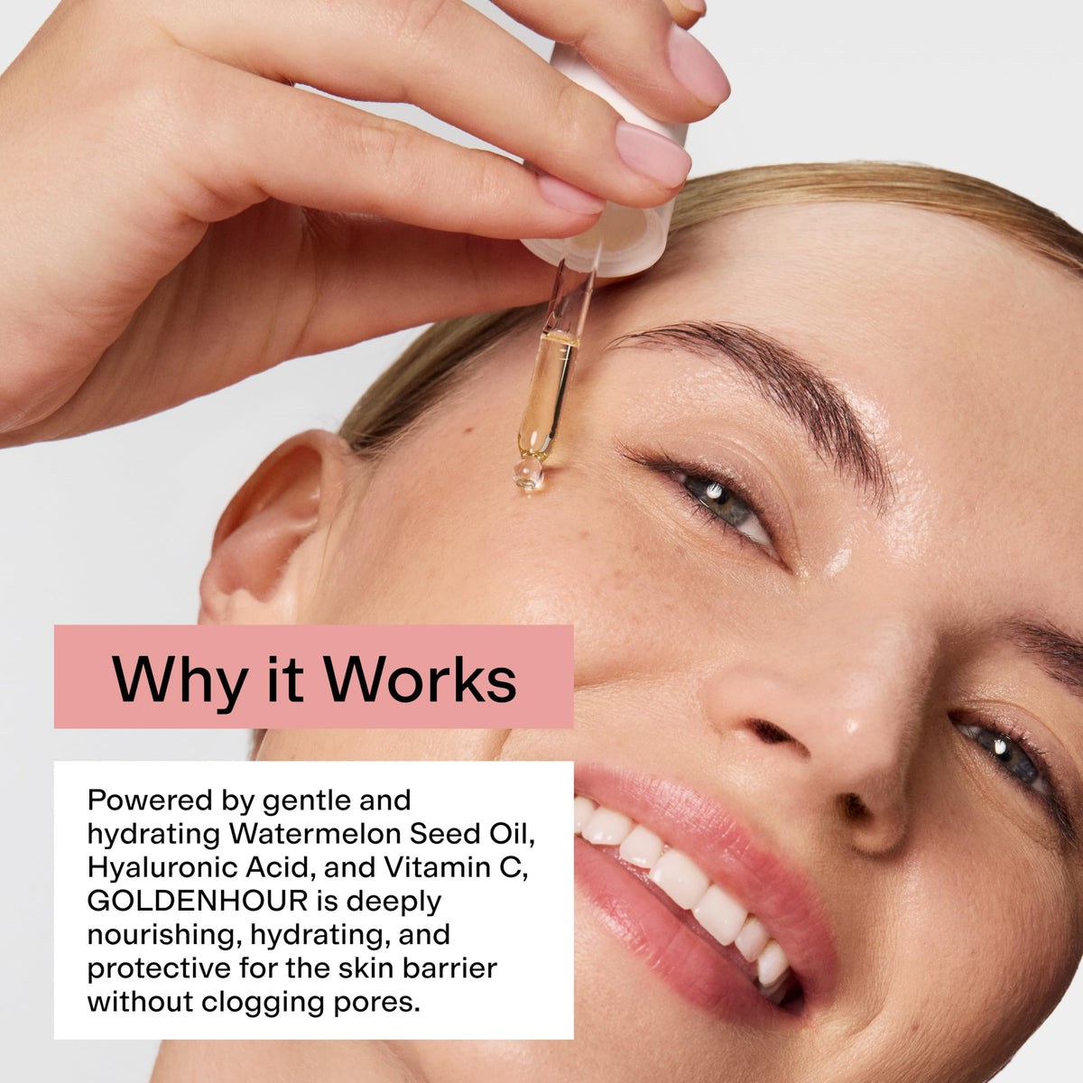 CLEARSTEM bottle beside key ingredients showing vitamin C and hyaluronic support