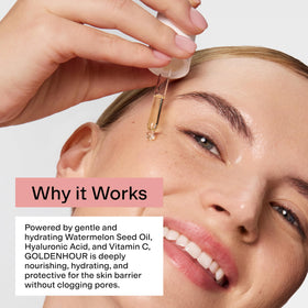 CLEARSTEM bottle beside key ingredients showing vitamin C and hyaluronic support