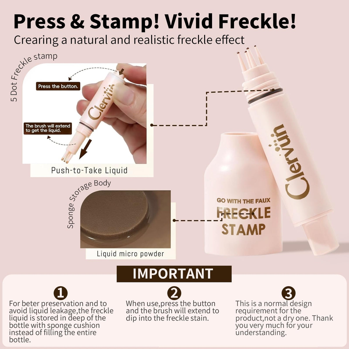 CLERVUN freckle pen held in hand to show compact size and travel convenience