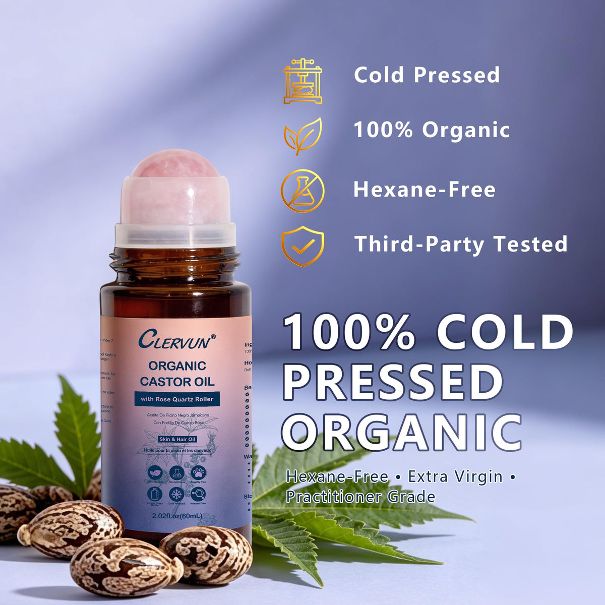 CLERVUN castor oil texture drop closeup showing rich cold-pressed consistency