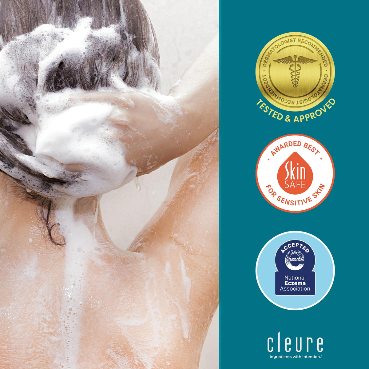 Cleure in bathroom setting used by person for sensitive scalp care