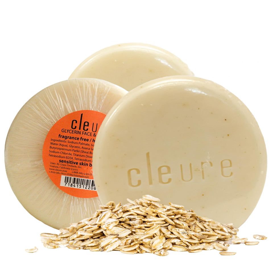 Cleure front packaging showing three bars and clear ingredient callouts for gentle care