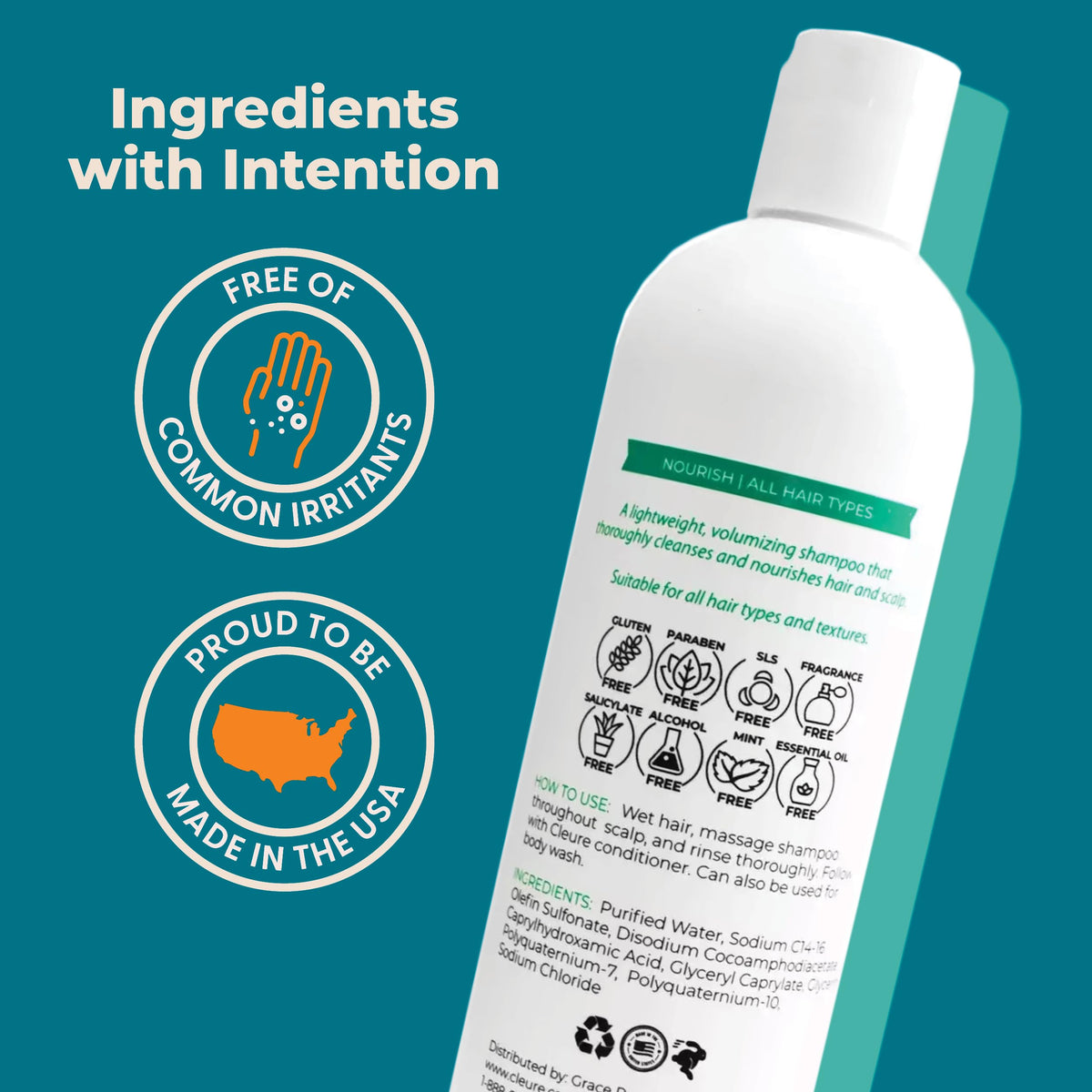 Cleure shampoo lather at roots illustrating gentle cleansing and volume