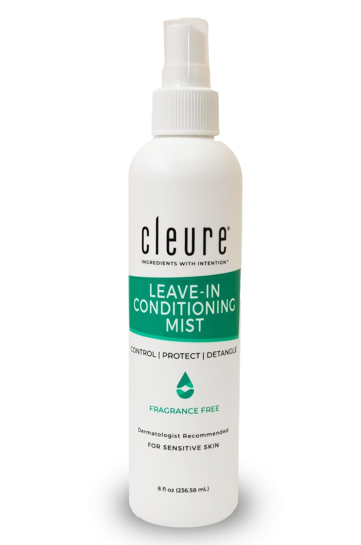 Cleure front bottle showing label and unscented leave-in benefit