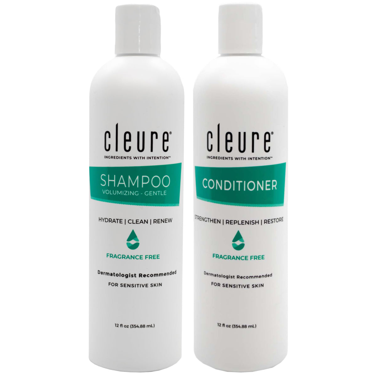 Cleure front packaging duo showing bottles and labels, gentle and hypoallergenic benefit