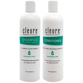 Cleure front packaging duo showing bottles and labels, gentle and hypoallergenic benefit