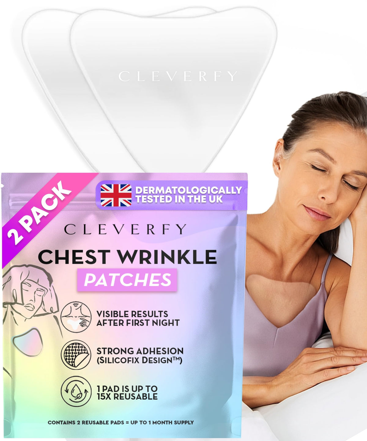 CLEVERFY front packaging showing v-shape patches and benefits