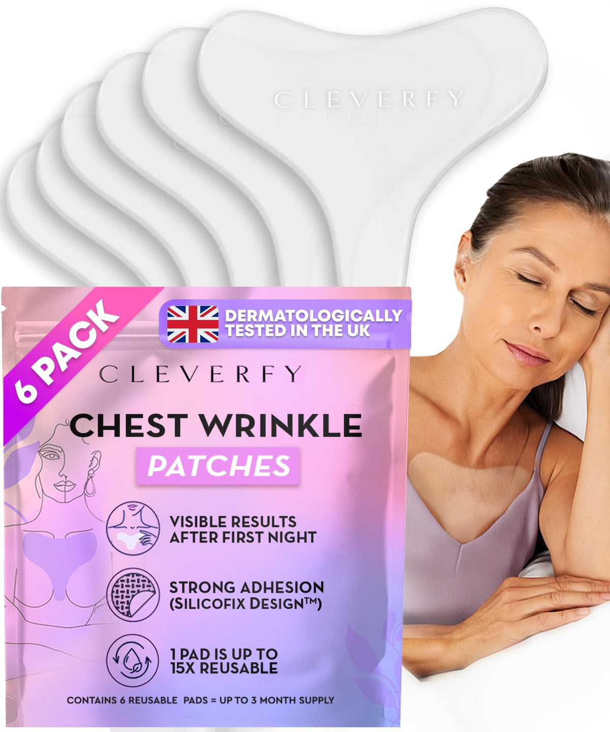 CLEVERFY front packaging showing six reusable chest patches and benefits