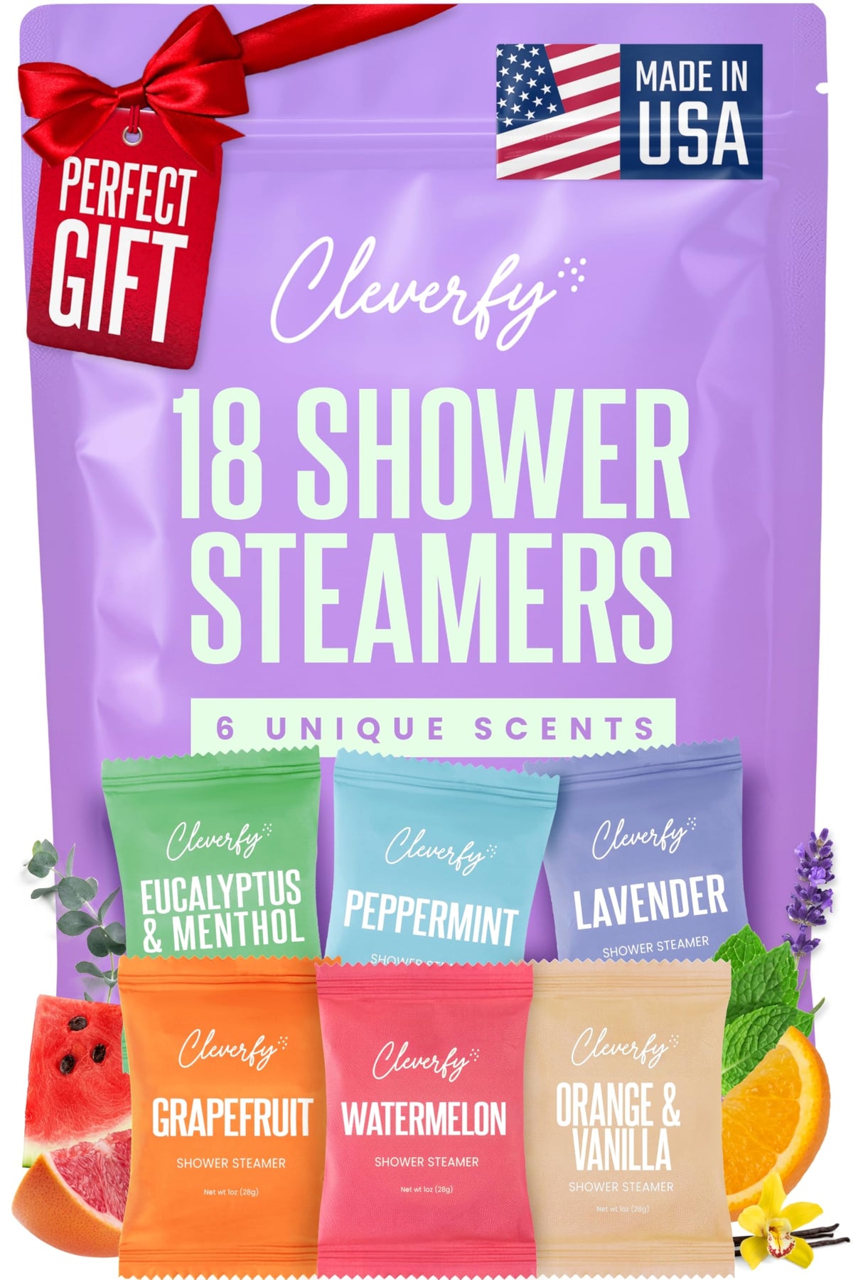 CLEVERFY front packaging showing all 18 aromatherapy tablets and variety labeling
