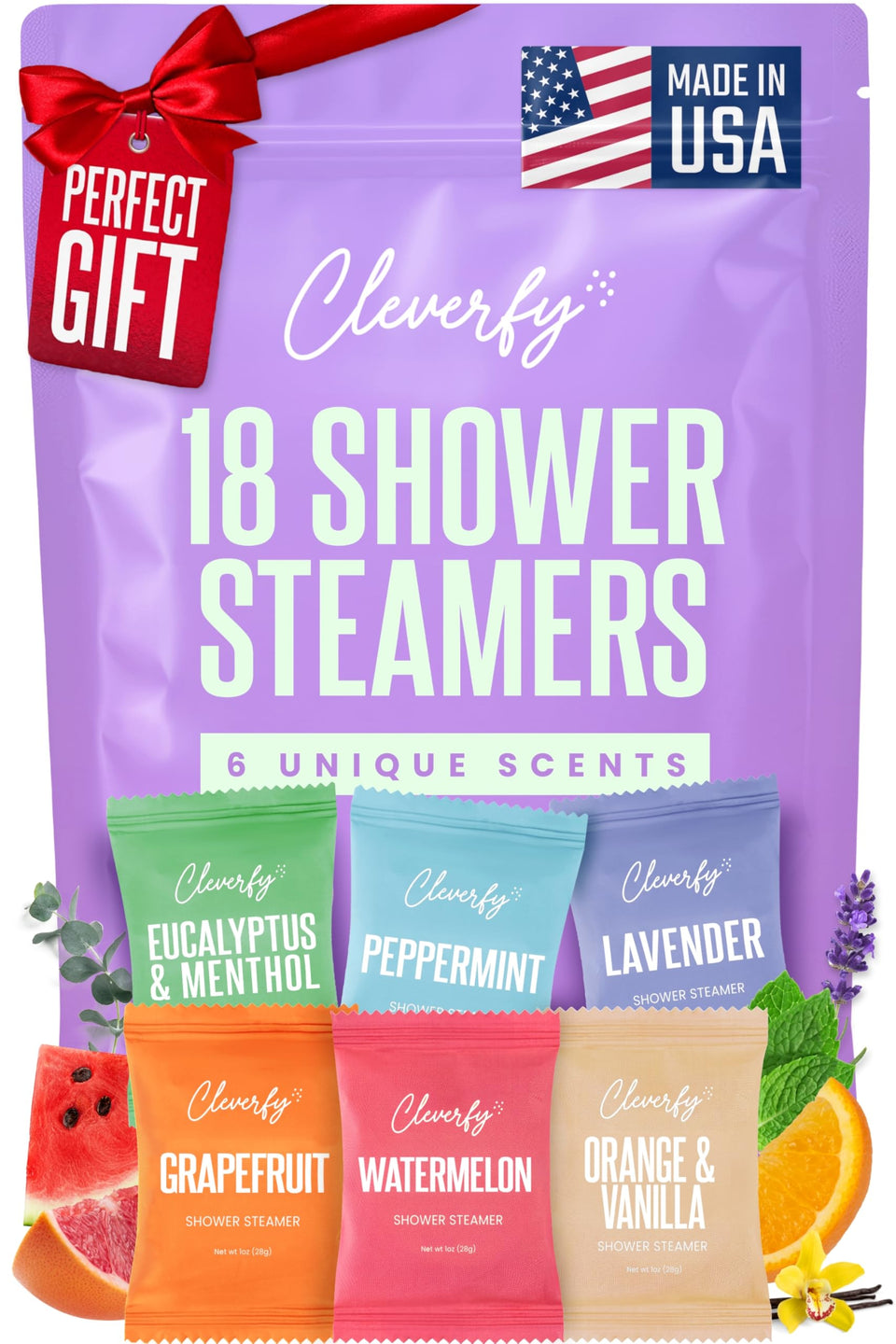 CLEVERFY front packaging showing all 18 aromatherapy tablets and variety labeling