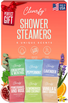 CLEVERFY front packaging showing six aromatherapy shower steamers and scent names for convenience