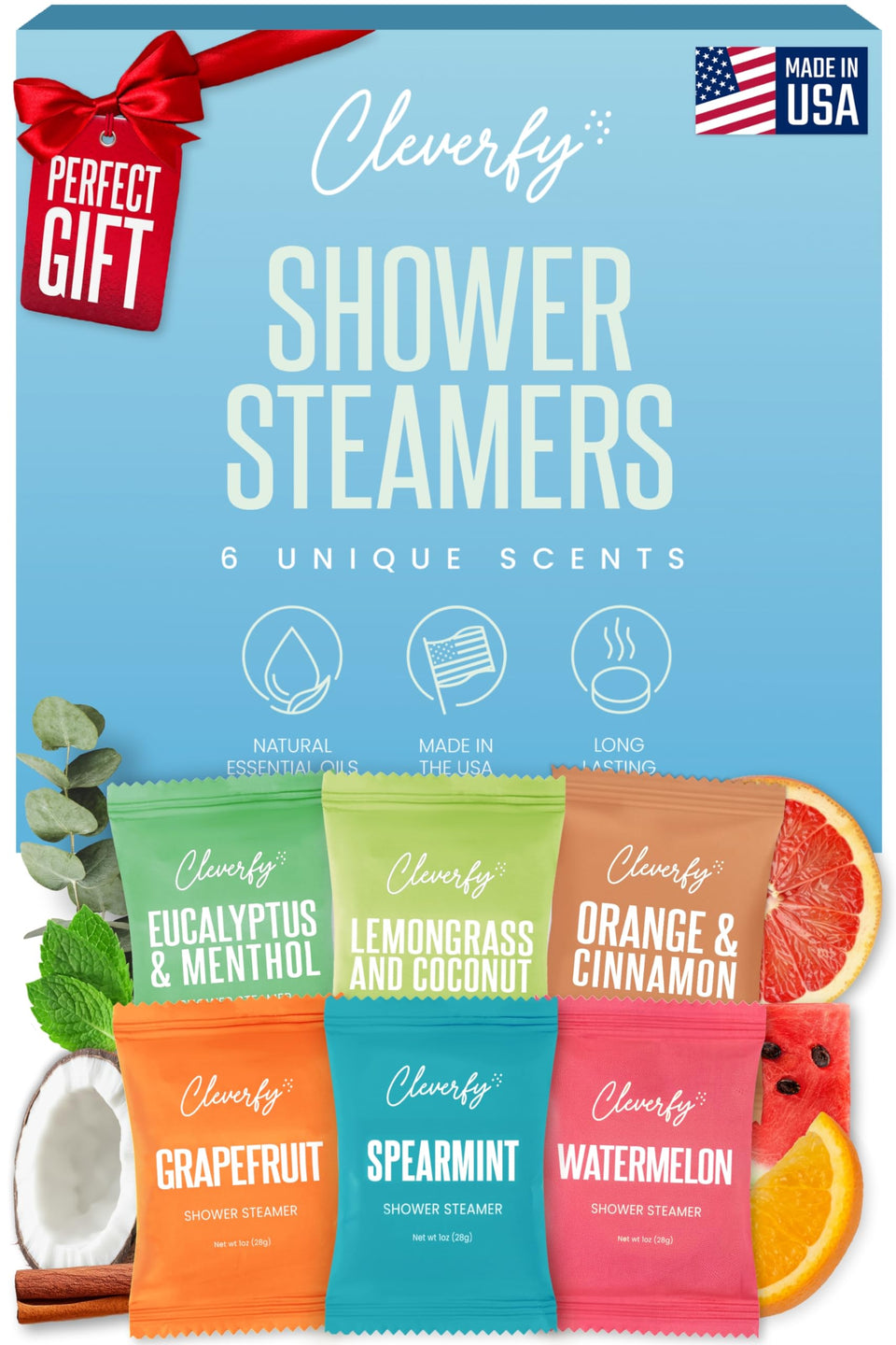 CLEVERFY front packaging showing six colored steamer tablets and gift-ready box