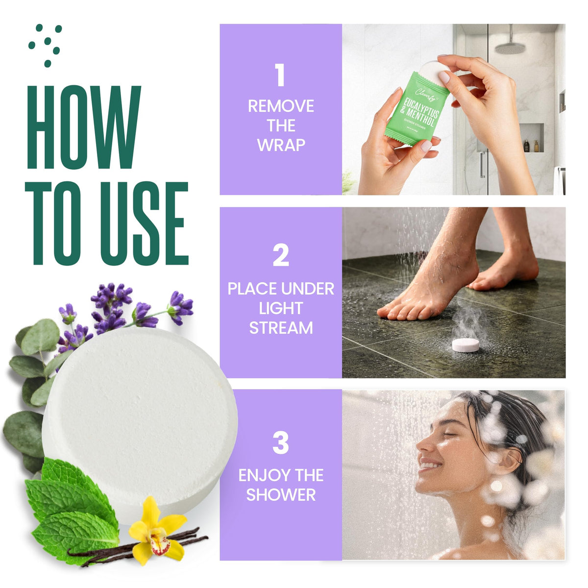 Cleverfy tablet placed on shower ledge releasing aromatic steam