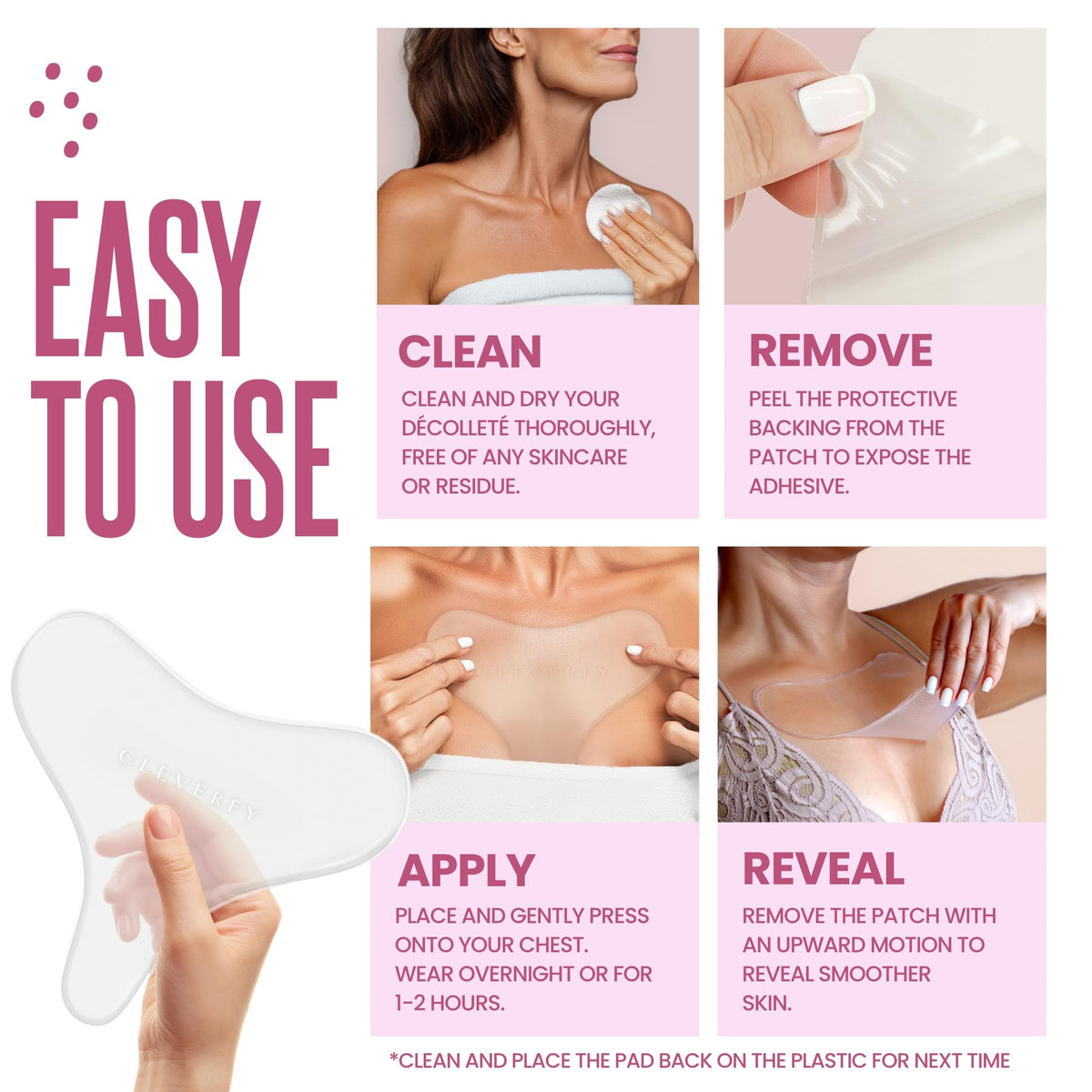 CLEVERFY patches applied to décolleté in lifestyle setting for smoother look