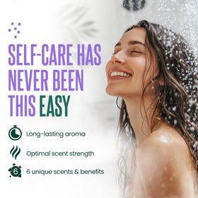 CLEVERFY shower steamer placed on shower shelf with steam releasing fragrance