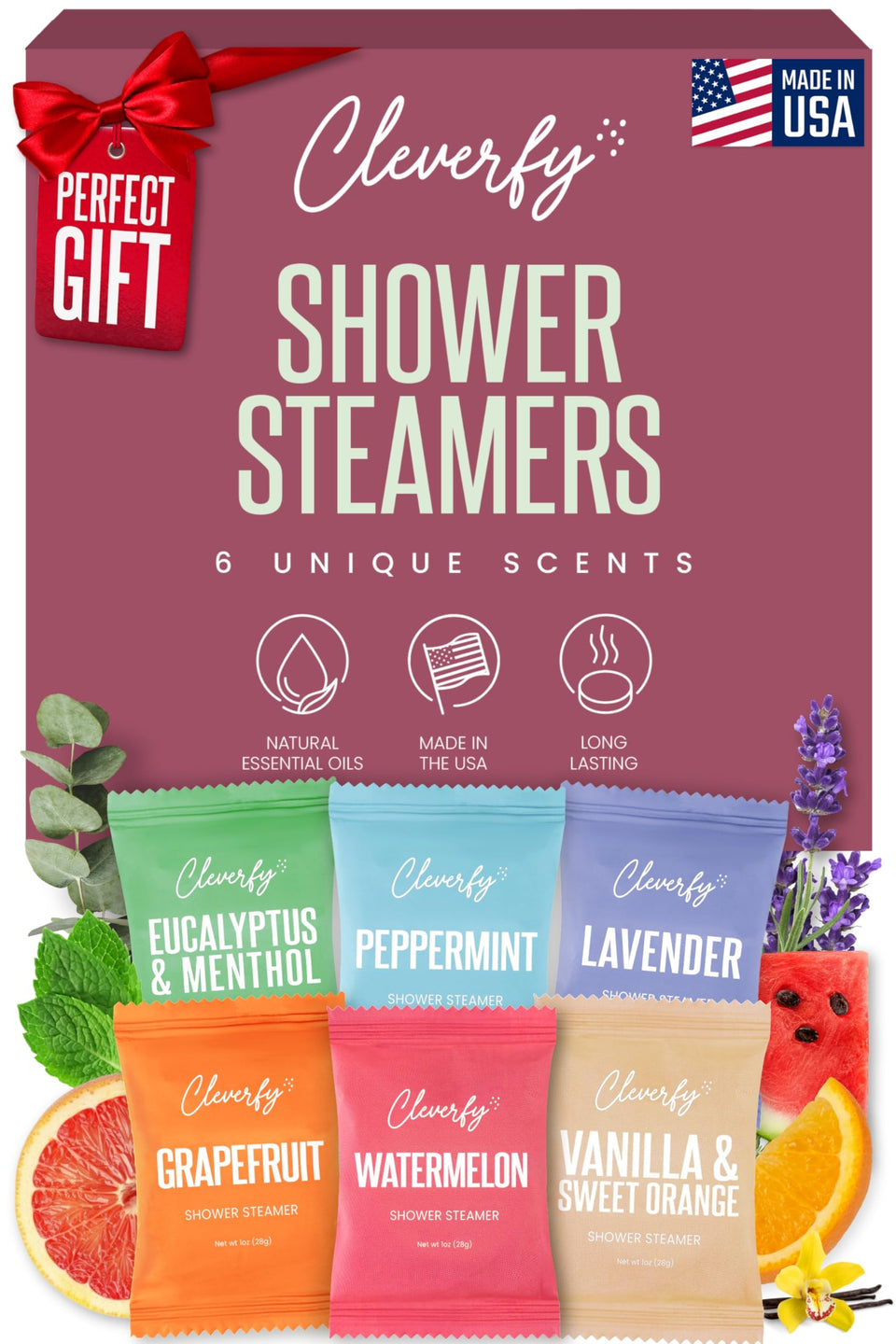 CLEVERFY front packaging showing six colorful aromatherapy tablets, perfect gifting