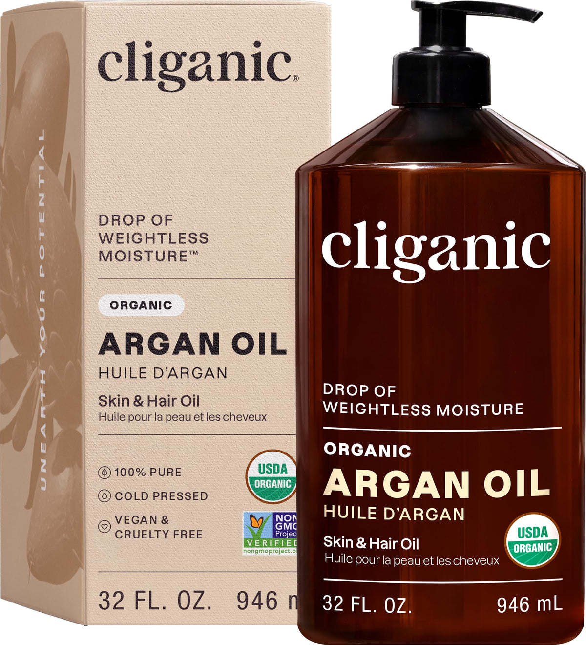 Cliganic argan oil bottle front showing label and pump for easy dispensing and portion control