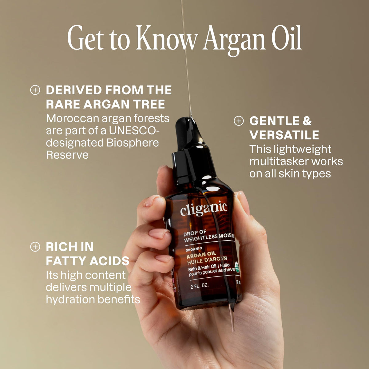 Cliganic argan oil texture close-up showing lightweight, fast-absorbing oil clarity