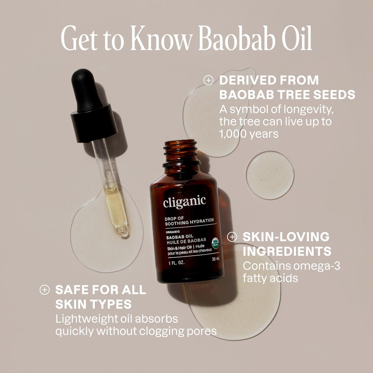 Cliganic baobab oil texture on dropper highlighting smooth absorption