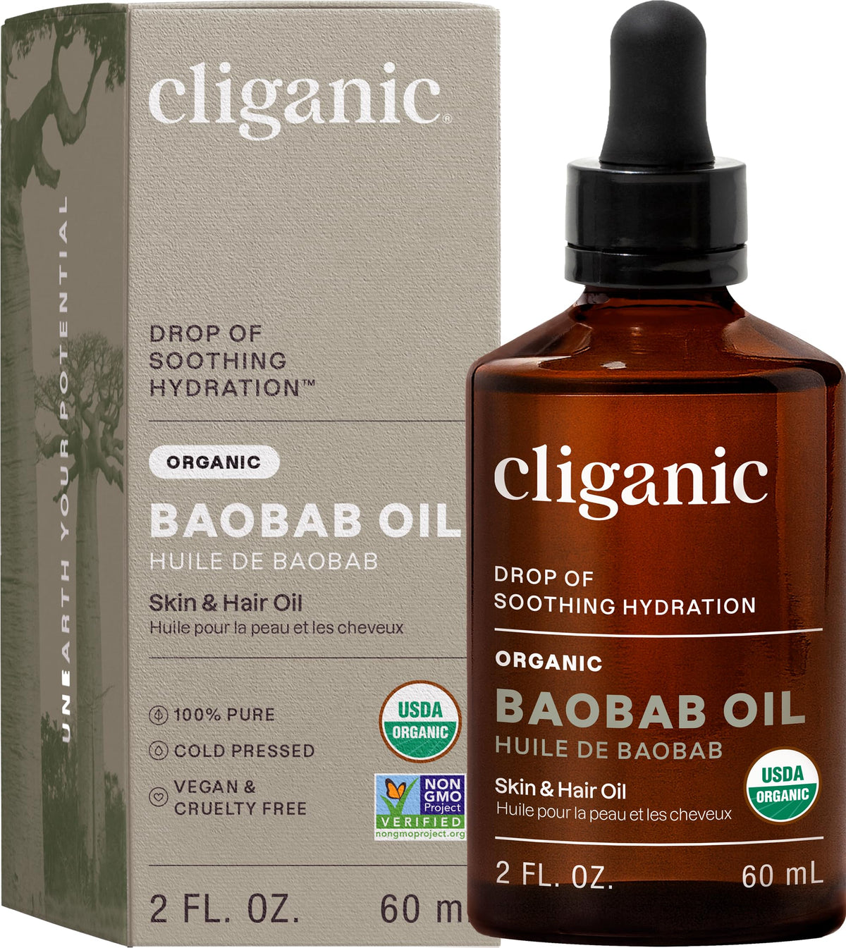 Cliganic front packaging showing organic baobab oil for clean skincare benefit