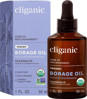 Cliganic borage seed oil front packaging showing bottle and label benefits