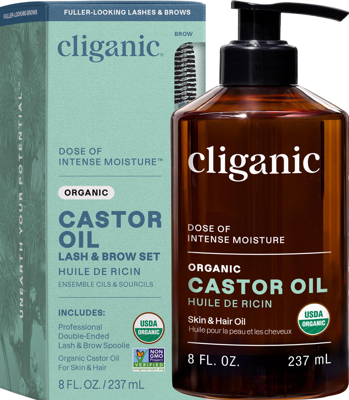 Cliganic bottle front view showing label and organic seal benefit