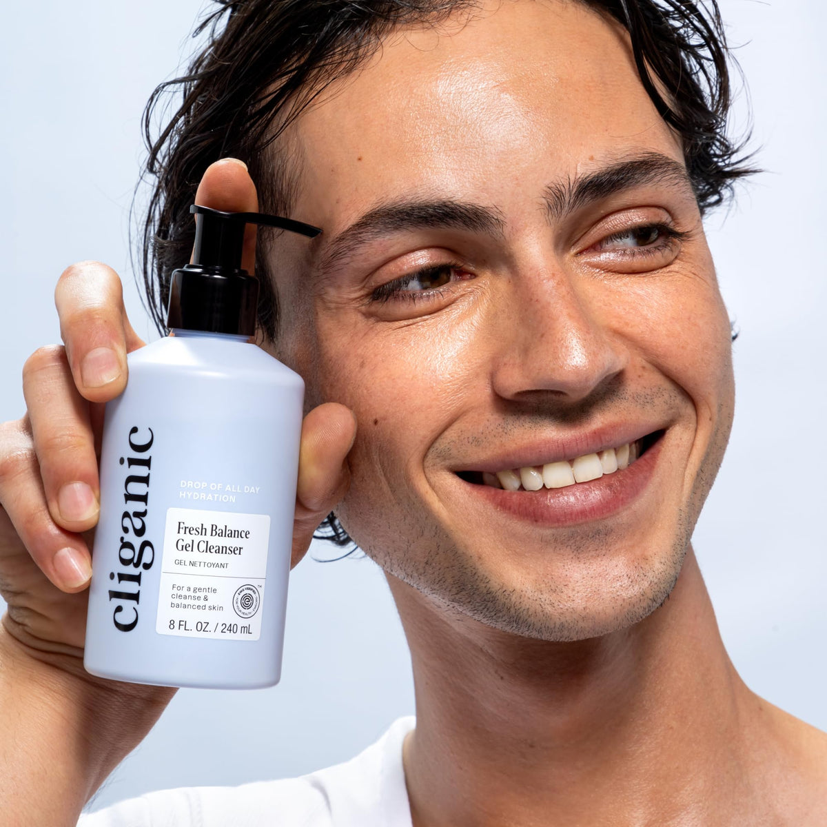 Cliganic cleanser staged on bathroom sink for daily routine benefit