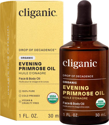 Cliganic evening primrose front bottle showing clean organic packaging and easy use