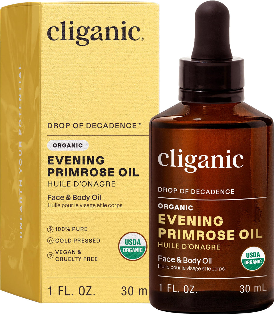 Cliganic evening primrose front bottle showing clean organic packaging and easy use